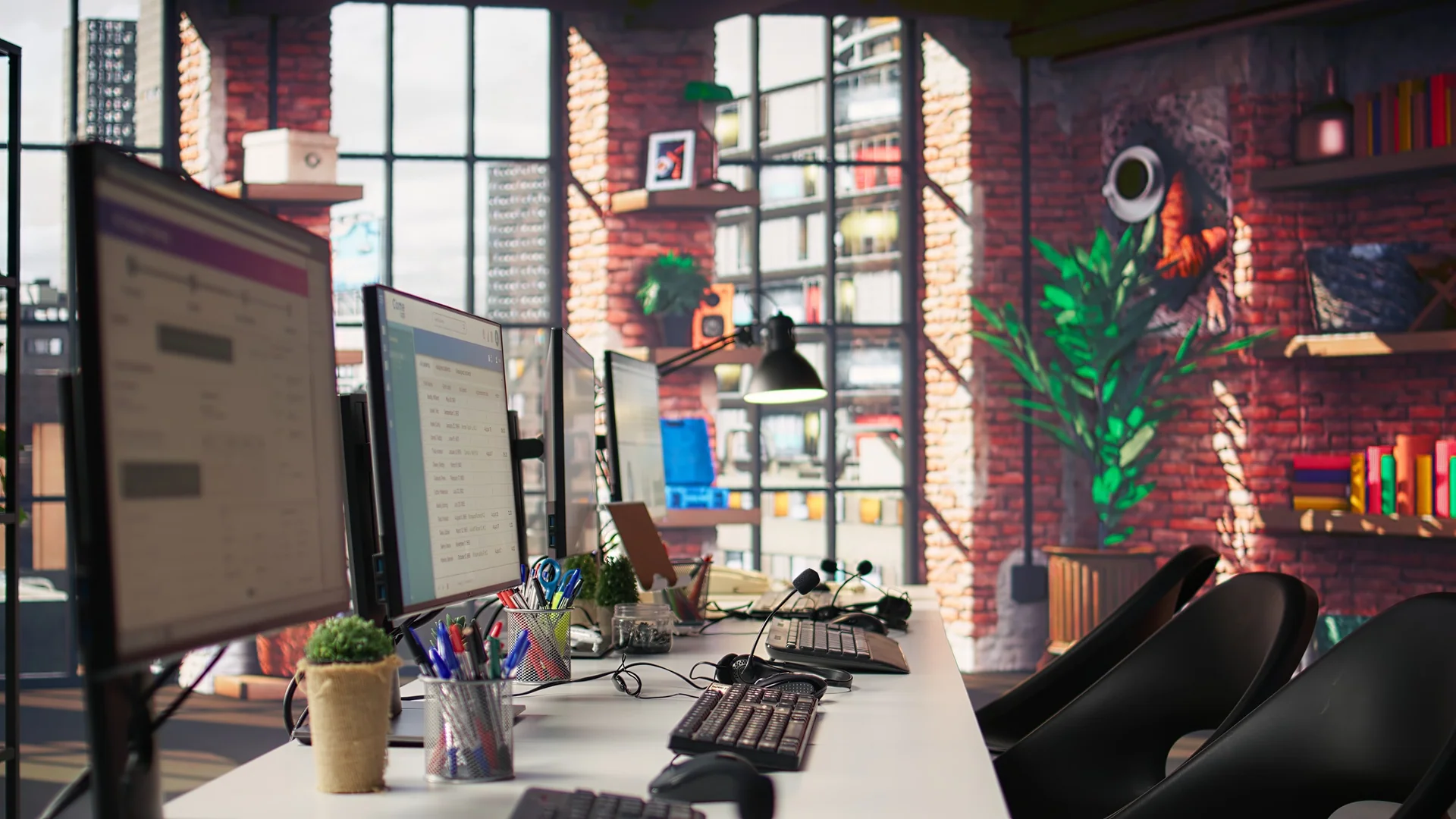 Modern technology workspace with developer workstations